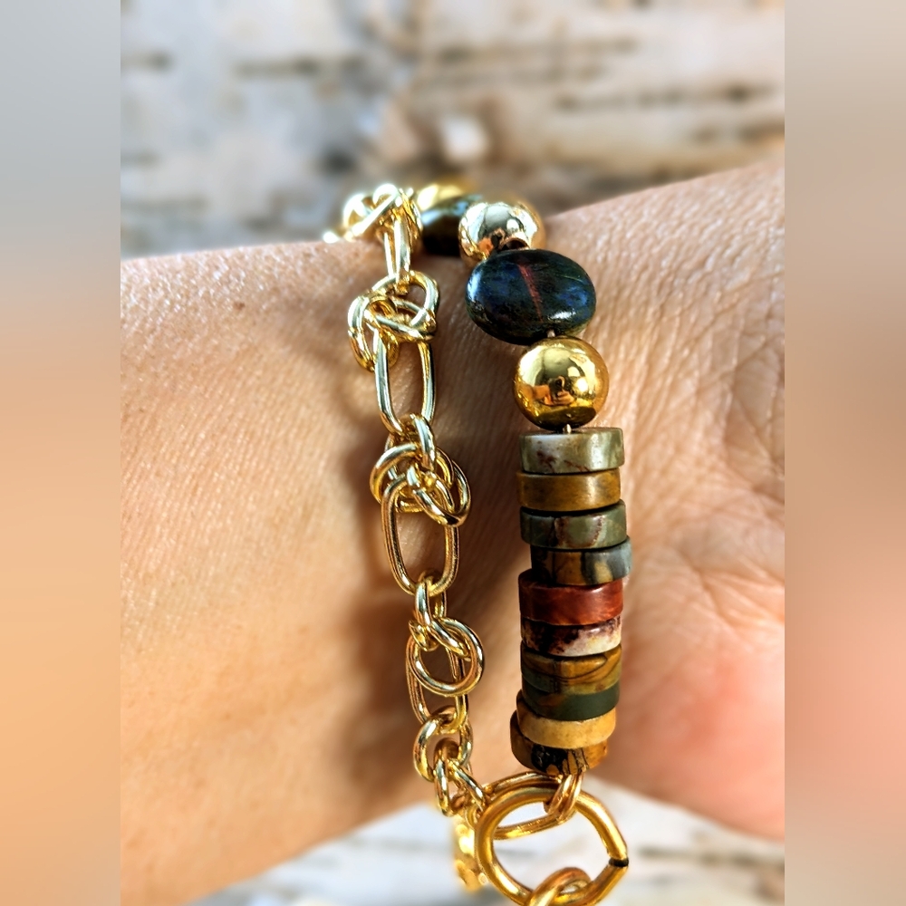 Natural Red Creek Jasper Beads & Barbed Chain In Gold Plated 2 Strand Bracelet